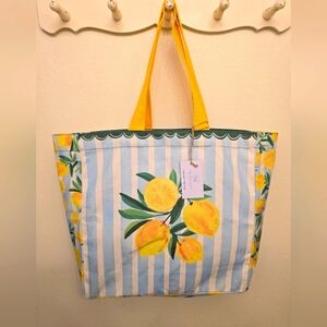 NWT Lemon Print Striped Canvas Tote Bag
